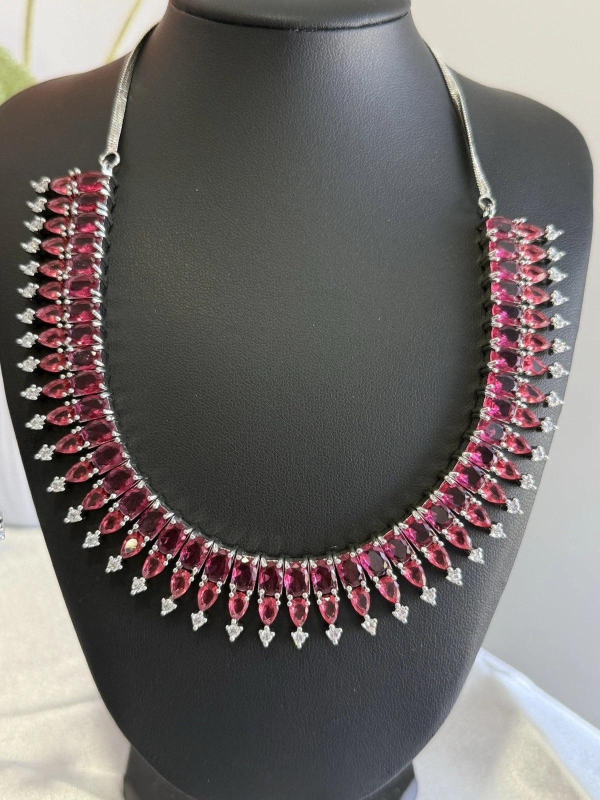 Ruby Pink CZ Necklace & Earrings Set Silver Tone Pakistani Jewelry