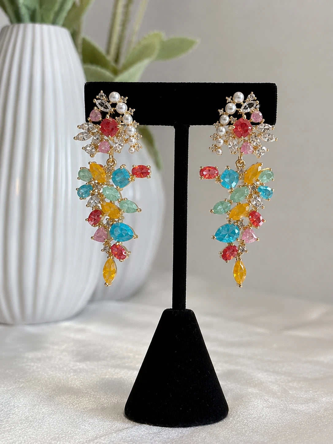 Multicolor Pearl CZ Gold Tone Drop Earrings Pakistani Indian Statement Jewelry