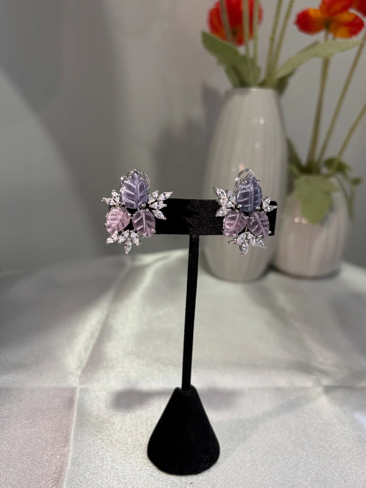 Lavender Pink Leaf CZ Stud Earrings Silver Tone Floral Statement Jewelry