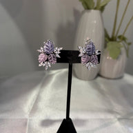 Lavender Pink Leaf CZ Stud Earrings Silver Tone Floral Statement Jewelry