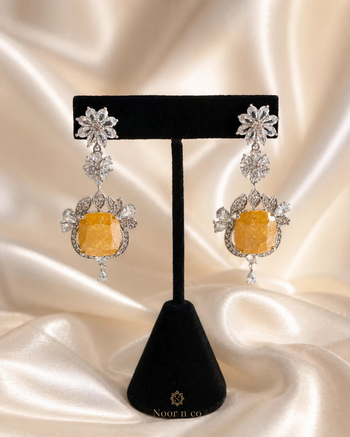 Yellow Stone CZ Silver Tone Drop Earrings Pakistani Indian Statement Jewelry