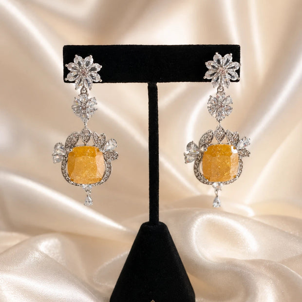 Yellow Stone CZ Silver Tone Drop Earrings Pakistani Indian Statement Jewelry