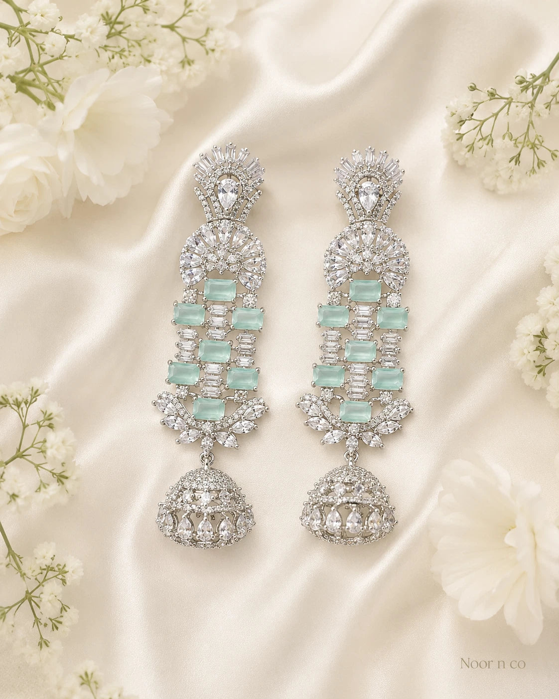 Mint Green CZ Silver Tone Chandelier Jhumka Earrings Pakistani Indian Jewelry