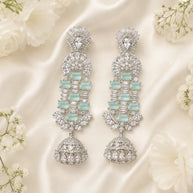 Mint Green CZ Silver Tone Chandelier Jhumka Earrings Pakistani Indian Jewelry