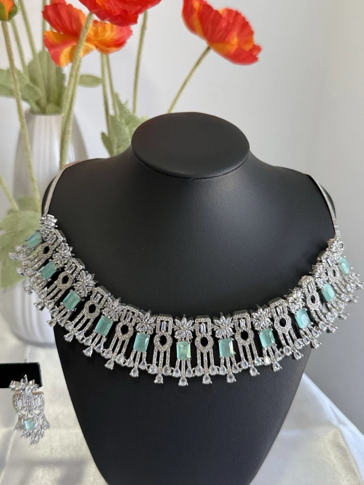 Mint Green CZ Choker Necklace Earrings Set Silver Tone Pakistani Jewelry