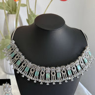 Mint Green CZ Choker Necklace Earrings Set Silver Tone Pakistani Jewelry