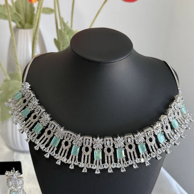 Mint Green CZ Choker Necklace Earrings Set Silver Tone Pakistani Jewelry