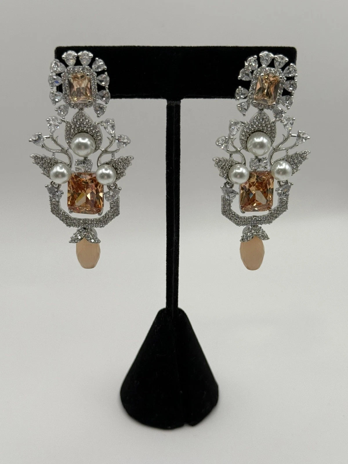 Champagne Crystal Pearl Statement Earrings – Luxury Bridal Drop Earrings