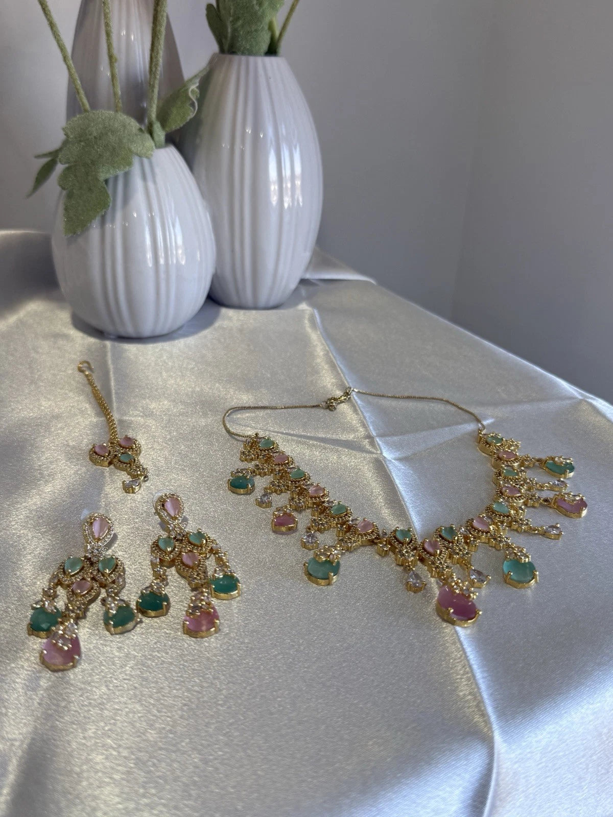 Pastel Pink Mint Gold Tone Necklace Earrings Tikka Pakistani Jewelry Set