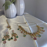 Pastel Pink Mint Gold Tone Necklace Earrings Tikka Pakistani Jewelry Set