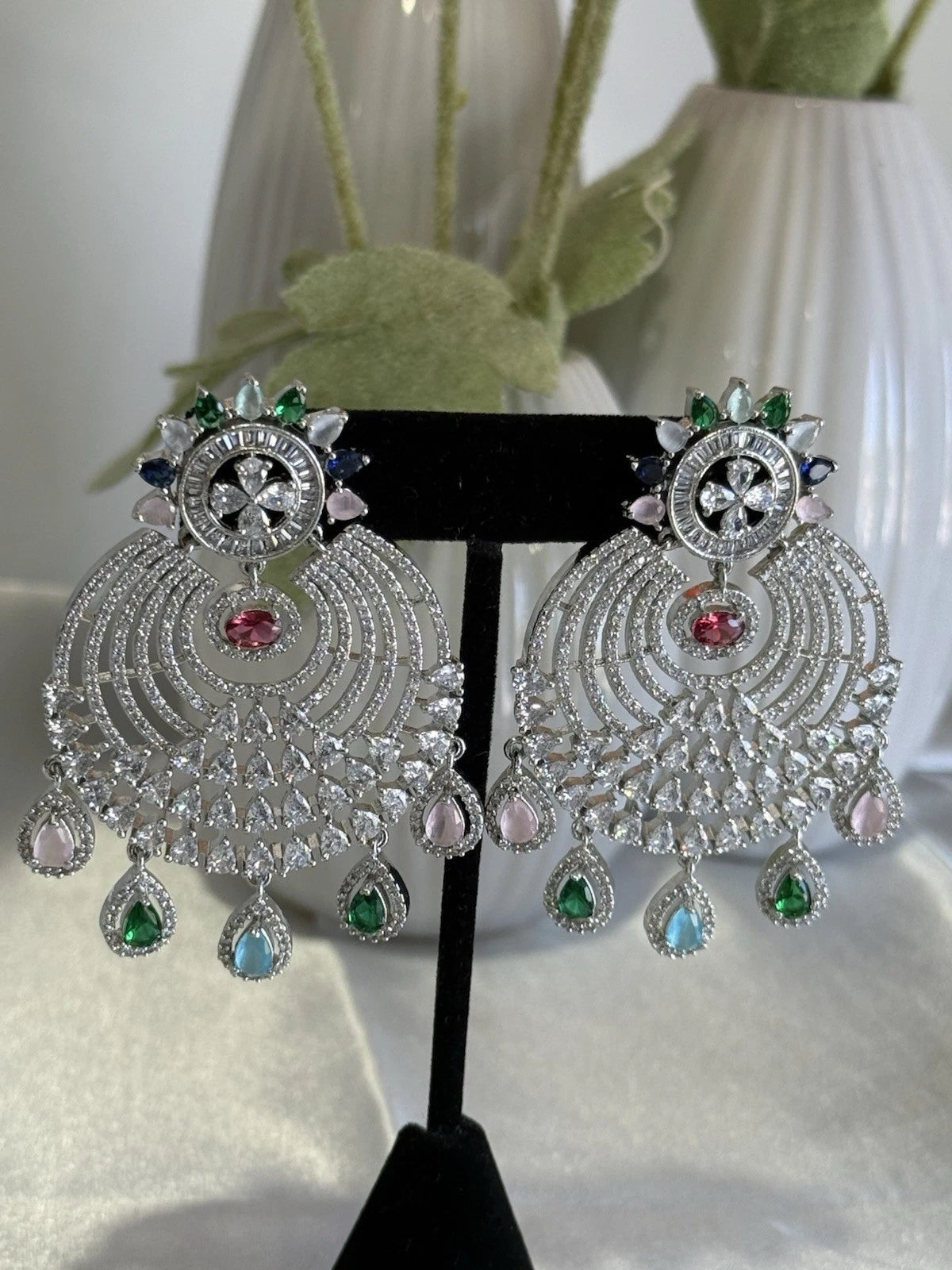 Multicolor CZ Chandbali Earrings Silver Tone Pakistani Indian Jewelry