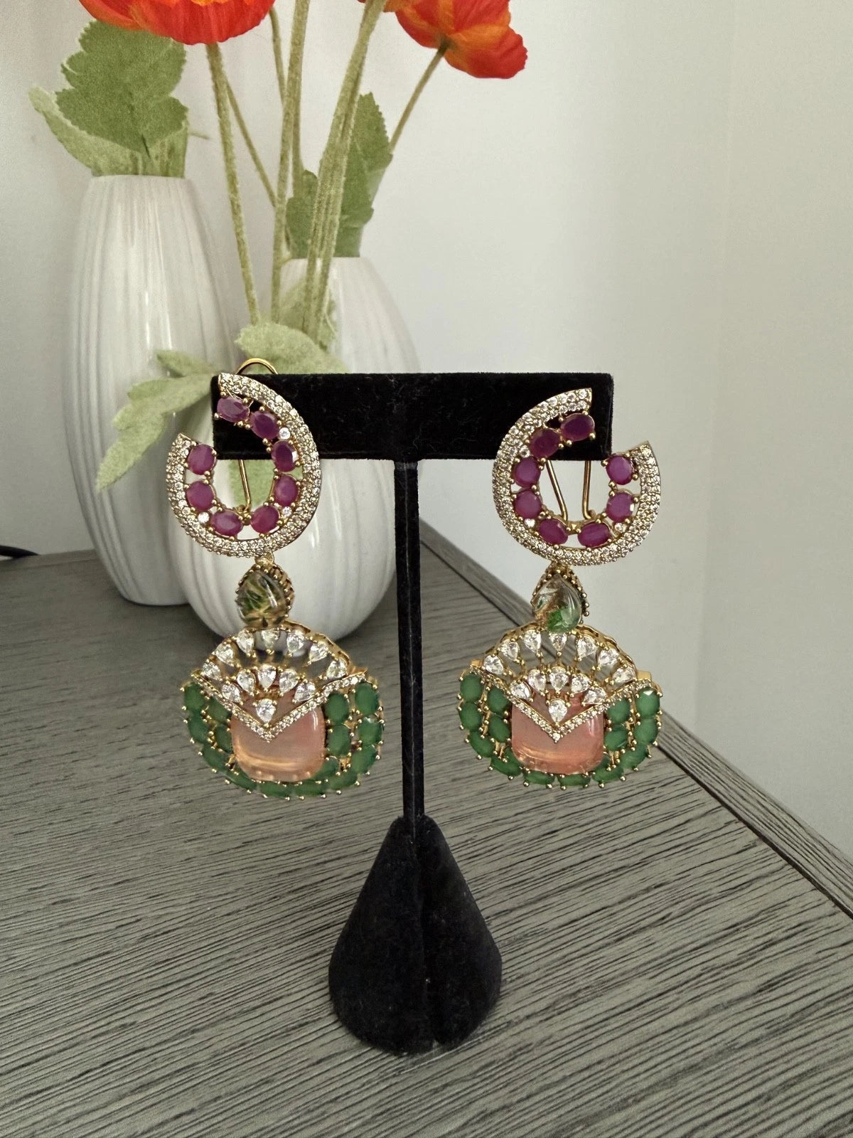 Luxury Pink & Green Statement Earrings | Pakistani Jewelry | Bridal Earrings