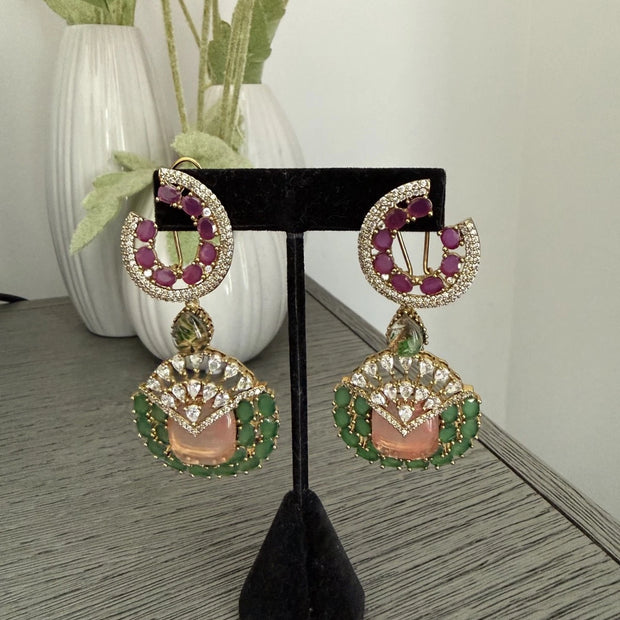 Luxury Pink & Green Statement Earrings | Pakistani Jewelry | Bridal Earrings
