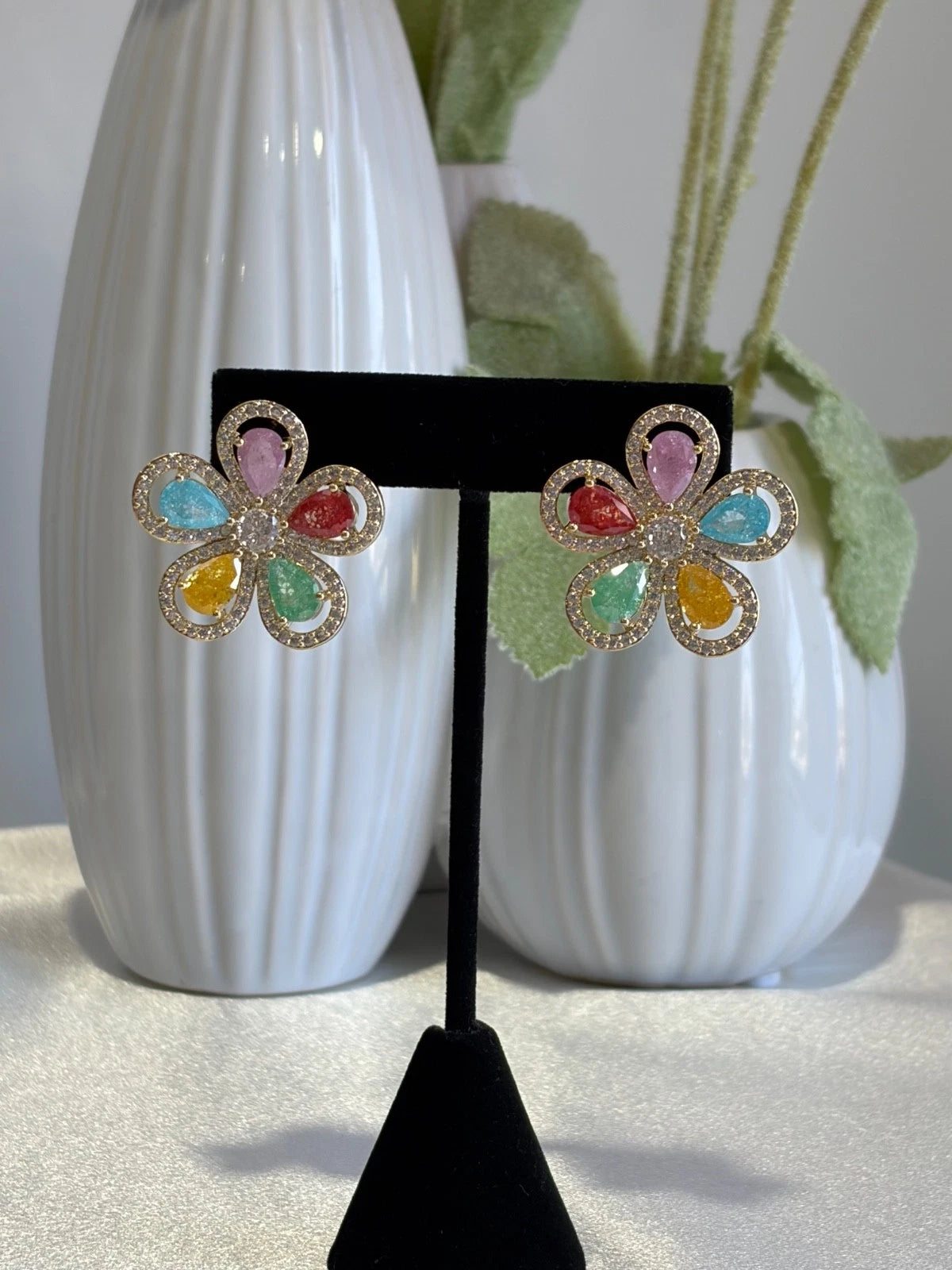 Multicolor Flower CZ Gold Tone Stud Earrings Pakistani Indian Jewelry