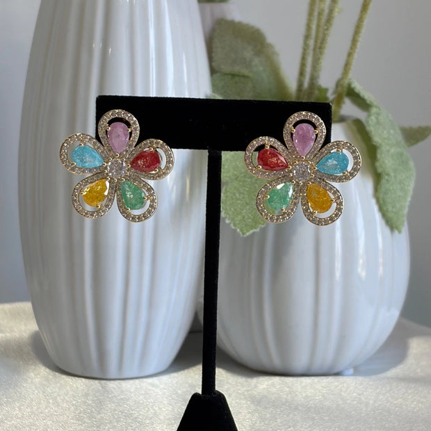 Multicolor Flower CZ Gold Tone Stud Earrings Pakistani Indian Jewelry