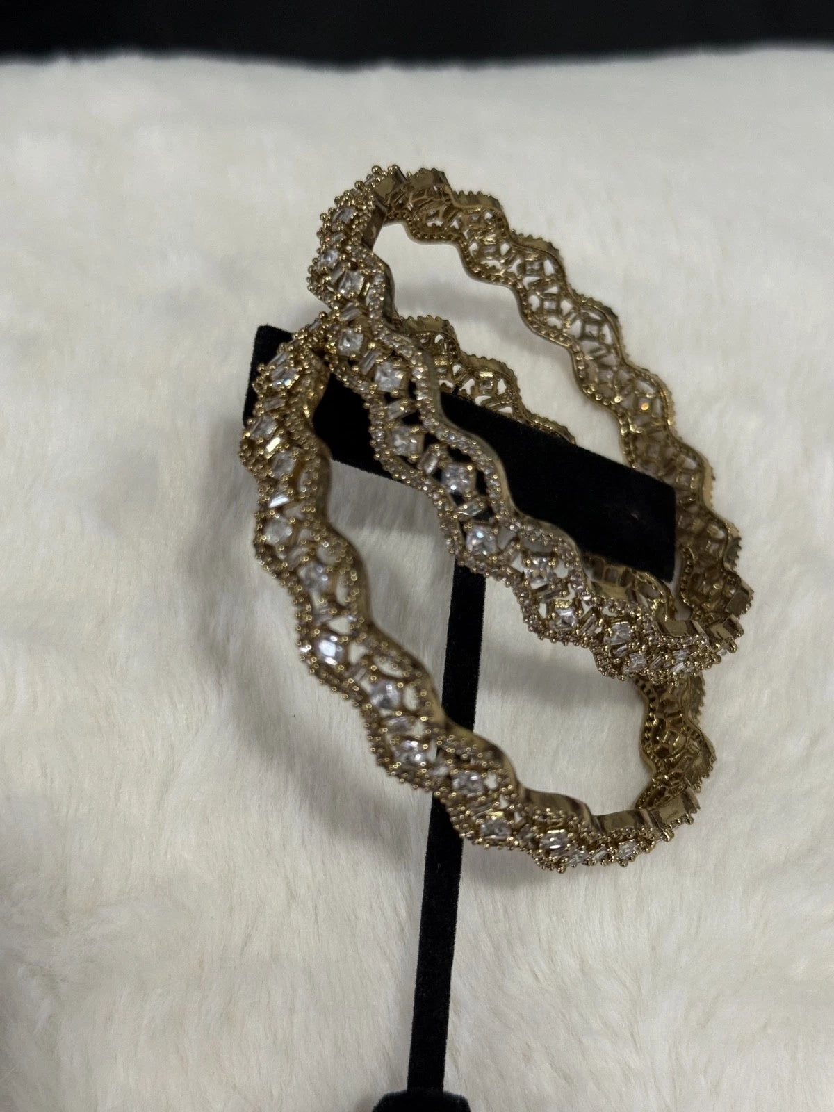 Gold Tone American Diamond Bangles Set Size 2.10 Elegant Wavy Crystal Design