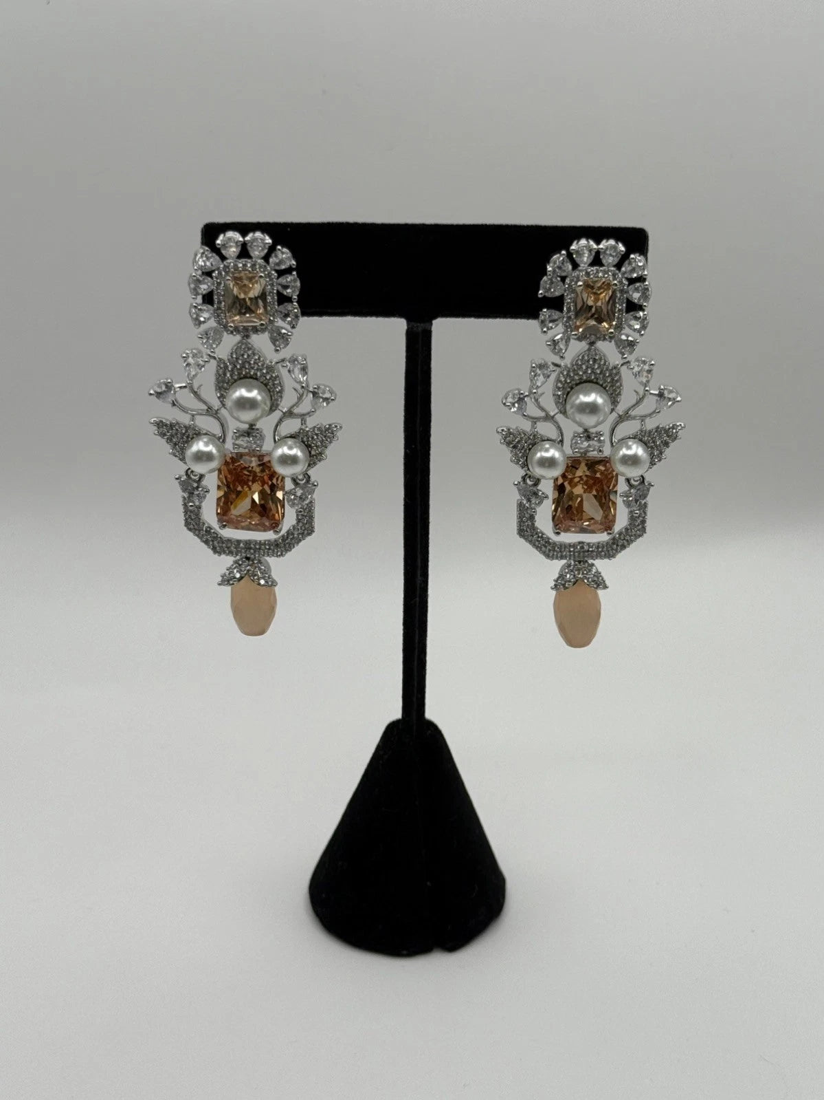 Champagne Crystal Pearl Statement Earrings – Luxury Bridal Drop Earrings