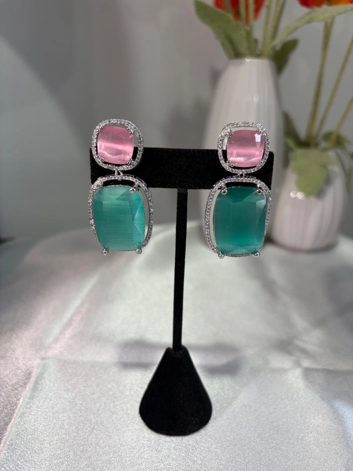 Pink Teal CZ Drop Earrings Silver Tone Statement Fashion Jewelry