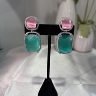 Pink Teal CZ Drop Earrings Silver Tone Statement Fashion Jewelry