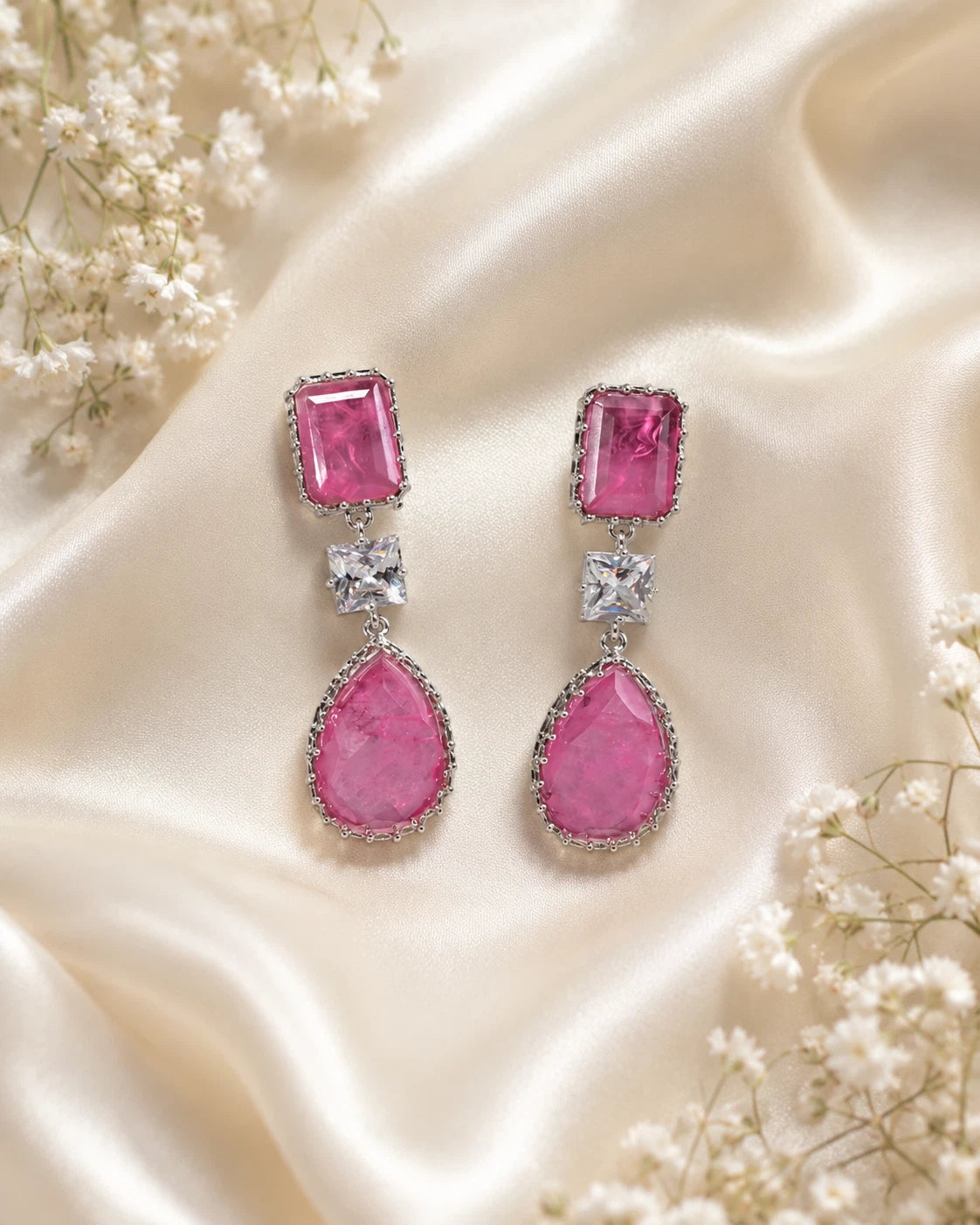 Pink CZ Silver Tone Drop Earrings Indian Pakistani Statement Jewelry