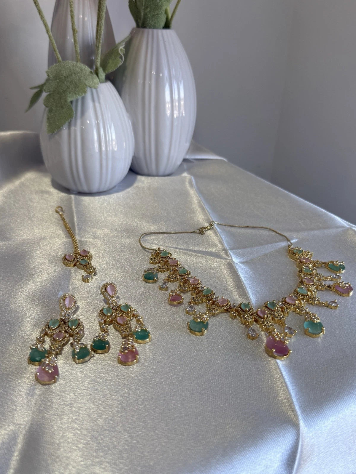 Pastel Pink Mint Gold Tone Necklace Earrings Tikka Pakistani Jewelry Set