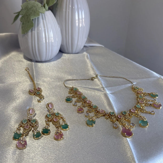Pastel Pink Mint Gold Tone Necklace Earrings Tikka Pakistani Jewelry Set