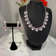Pink Pearl CZ Silver Tone Necklace Earrings Set Indian Pakistani Bridal Jewelry