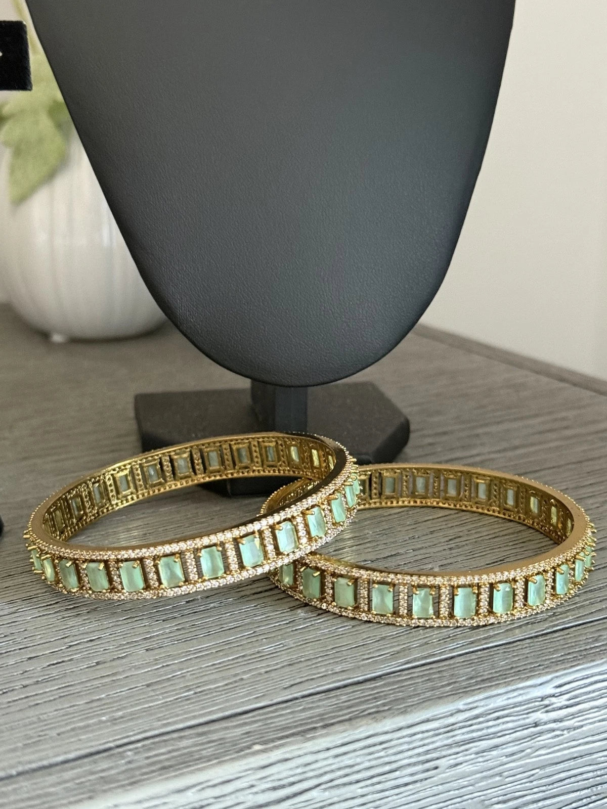 Mint Green CZ Gold Tone Bangle Bracelet Set of 2 Indian Pakistani Jewelry 2.10