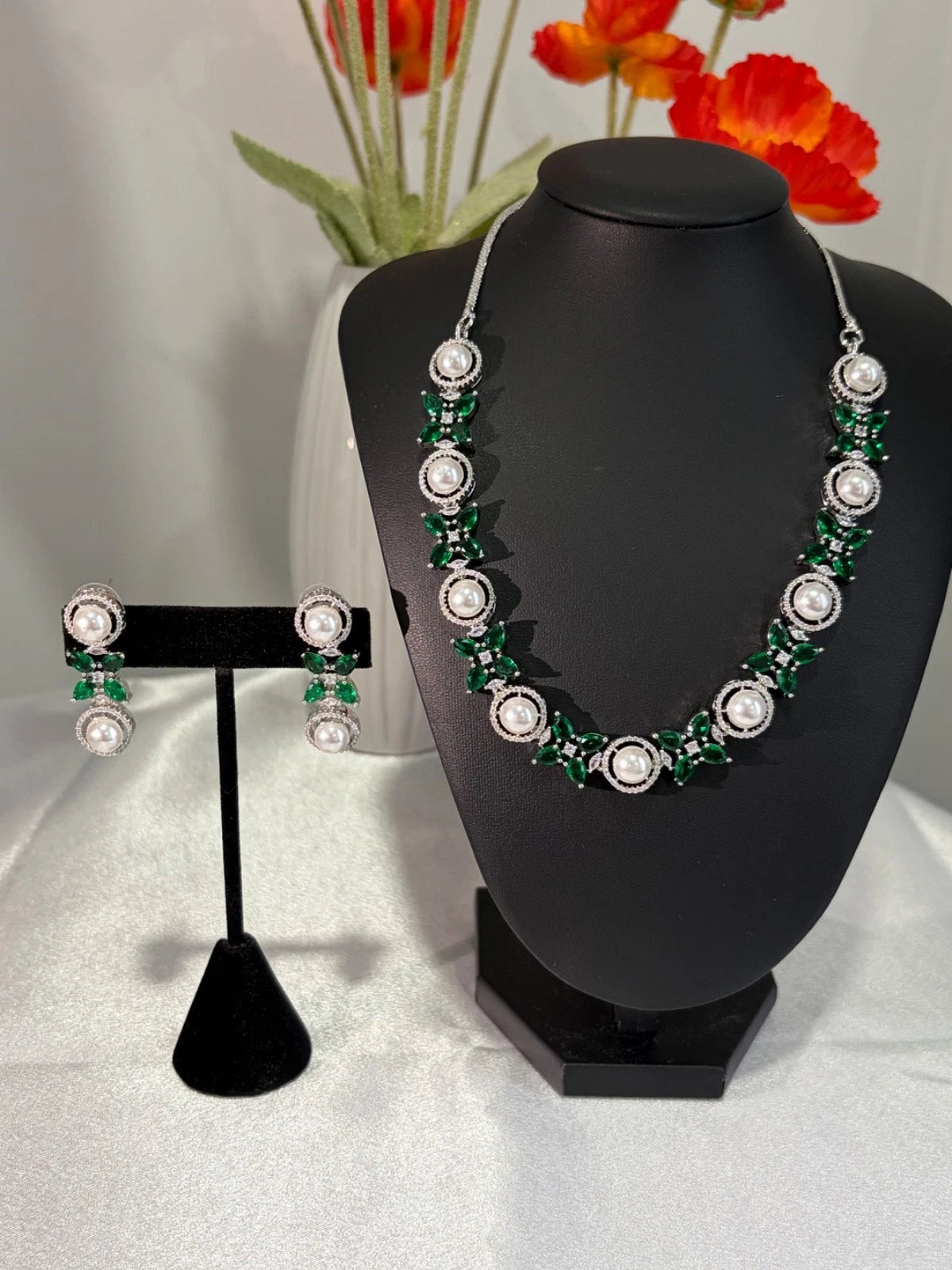 Emerald Green Pearl CZ Silver Tone Necklace Earrings Set