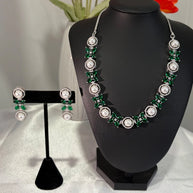 Emerald Green Pearl CZ Silver Tone Necklace Earrings Set