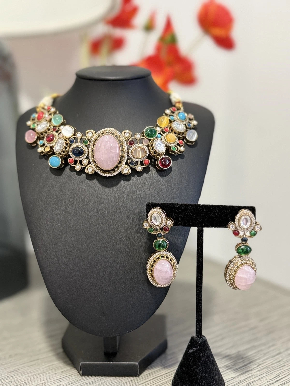 Sabyasachi Inspired Necklace Earrings Set | Pink Stone Multicolor Gem Bridal Jew