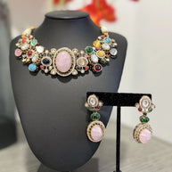 Sabyasachi Inspired Necklace Earrings Set | Pink Stone Multicolor Gem Bridal Jew