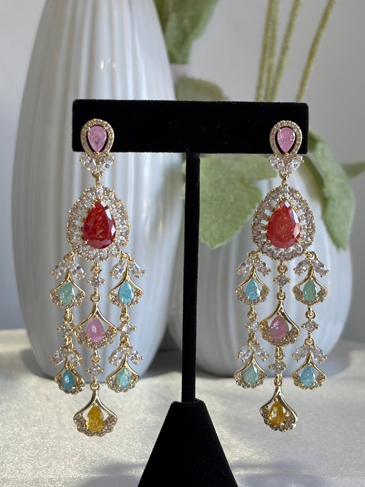 Multicolor CZ Gold Tone Chandelier Earrings Pakistani Indian Bridal Jewelry