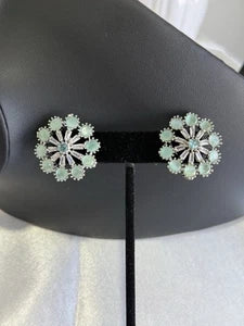 Mint Green CZ Floral Stud Earrings Silver Tone Pakistani Jewelry