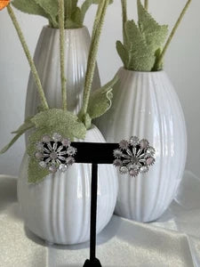 Blush Pink CZ Floral Stud Earrings Silver Tone Party Jewelry