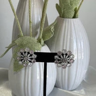 Blush Pink CZ Floral Stud Earrings Silver Tone Party Jewelry