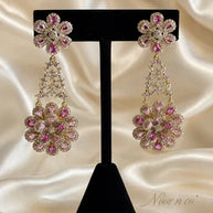 Pink Floral CZ Gold Tone Chandelier Earrings Pakistani Indian Bridal Jewelry
