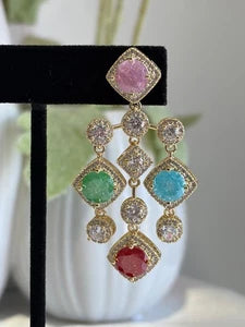 Multicolor CZ Gold Tone Chandelier Earrings Pakistani Indian Statement Jewelry