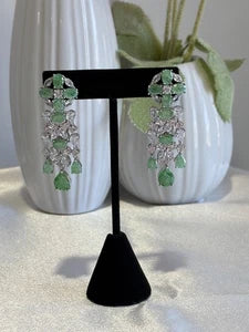 Green CZ Silver Tone Chandelier Drop Earrings Pakistani Indian Jewelry
