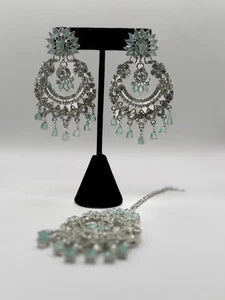 Mint Green Crystal Chandbali Earrings and Tikka