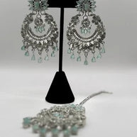 Mint Green Crystal Chandbali Earrings and Tikka