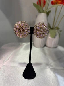 Pink Lavender Gold Tone CZ Round Statement Earrings Indian Pakistani Jewelry