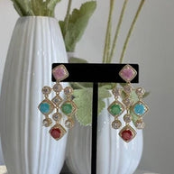 Multicolor CZ Gold Tone Chandelier Earrings Pakistani Indian Statement Jewelry