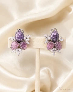 Lavender Pink Leaf CZ Stud Earrings Silver Tone Floral Statement Jewelry