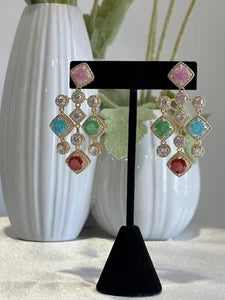Multicolor CZ Gold Tone Chandelier Earrings Pakistani Indian Statement Jewelry