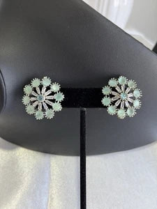 Mint Green CZ Floral Stud Earrings Silver Tone Pakistani Jewelry