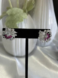 Magenta Pink & Black CZ Floral Stud Earrings Silver Tone Party Jewelry