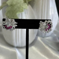 Magenta Pink & Black CZ Floral Stud Earrings Silver Tone Party Jewelry