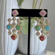 Multicolor CZ Gold Tone Chandelier Earrings Pakistani Indian Statement Jewelry
