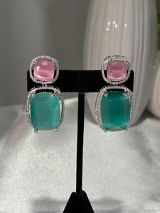 Pink Teal CZ Drop Earrings Silver Tone Statement Fashion Jewelry